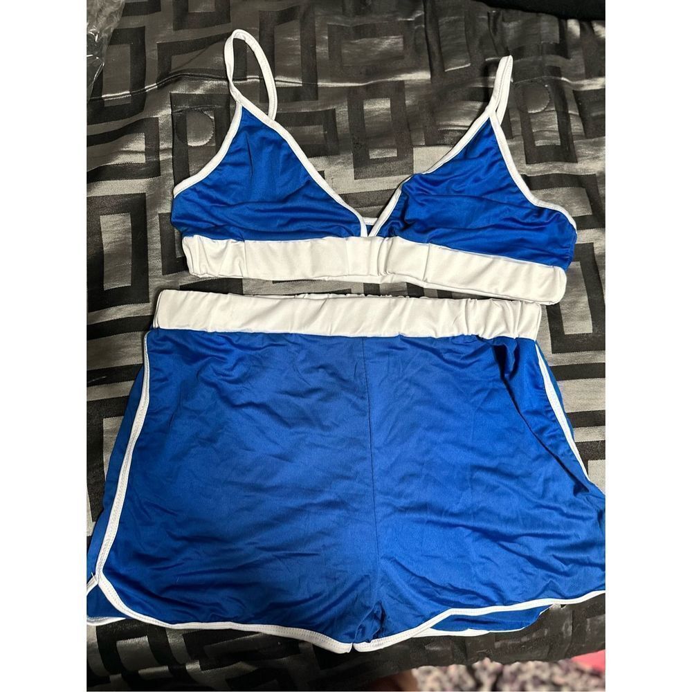 Blue/White 2pc set bra style top, blue high rise style shorts